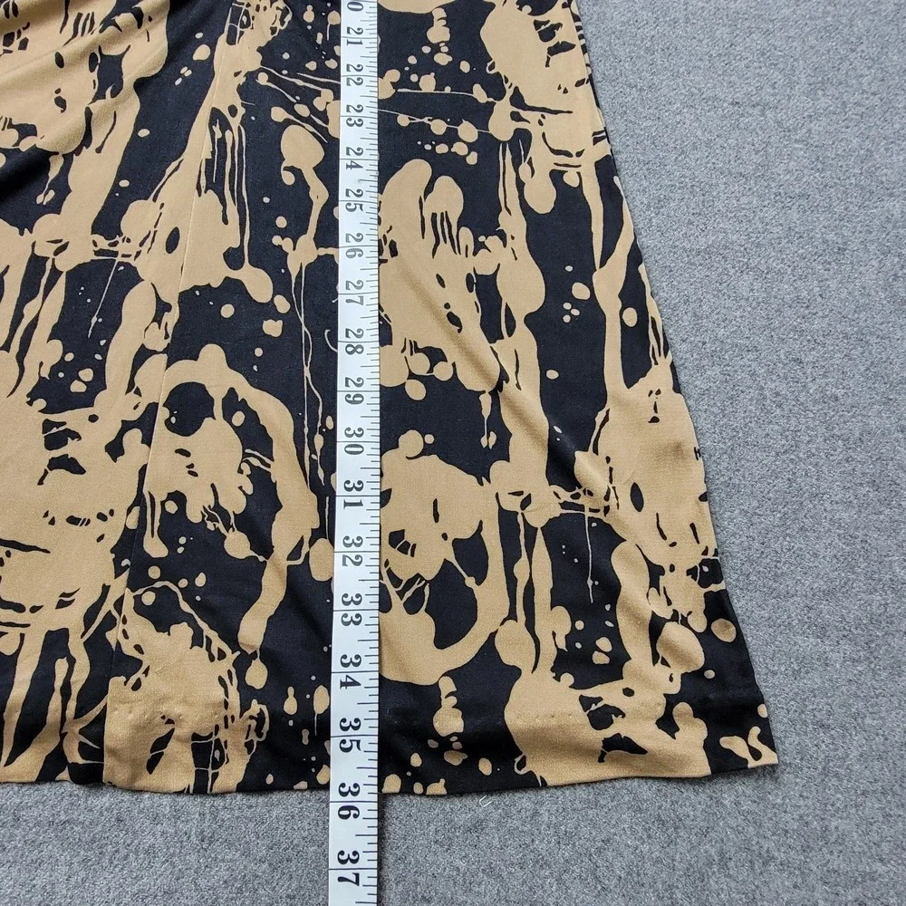 Trina Turk 100% Silk Dress Size 2 Black Tan Abstract Print Ruched Front Midi USA